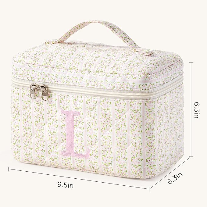HBselect Initial Quilted Makeup Bag, Pink Cosmetic Travel Toiletry Bag, Flowers Coquette Zipper Make Up Pouch Organizer Teen Girl Gift Trendy Stuff L