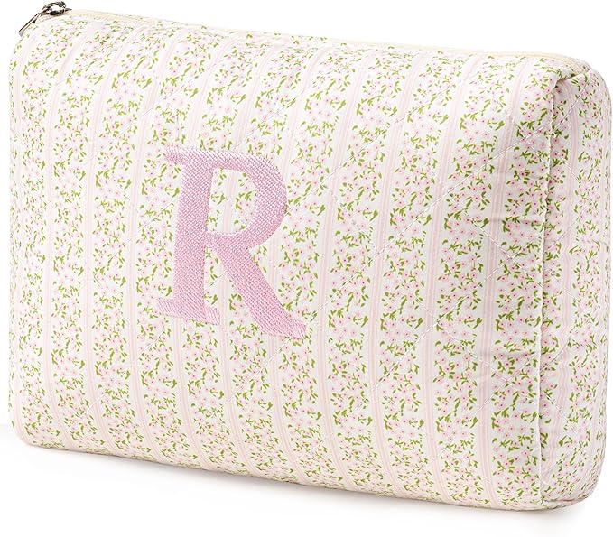 HBselect Initial Quilted Makeup Bag, Pink Cosmetic Travel Toiletry Bag, Flowers Coquette Zipper Make Up Pouch Organizer Teen Girl Gift Trendy Stuff R