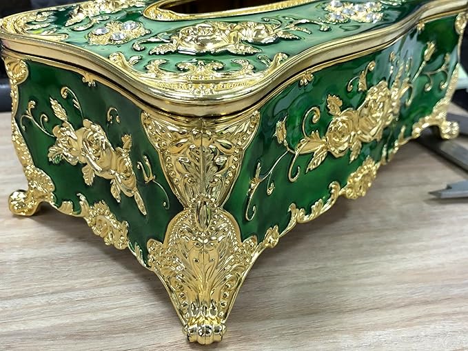 9.45"x5.43"x3.94" Luxurious Rose Tissue Box with Imitation Diamonds, Embossed Flowers, Elegant Tissue Paper Holders for Home Toilet Bath Hotel,Gold-Green