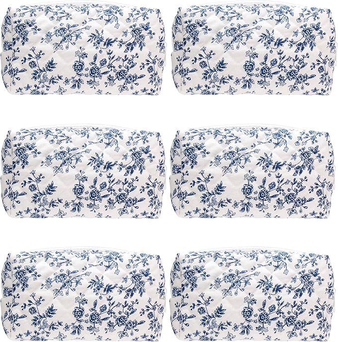 PAZIMIIK 6PCS Vintage Quilted Makeup Bag SET Cosmetic Pouch for Brushes Pencils and Travel Make Up Accessories for Women and Girls Jouy Blue