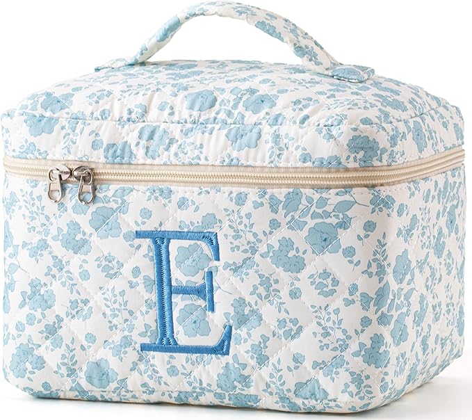 HBselect Initial Quilted Makeup Bag, Cotton Large Travel Make up Bag, Cute Floral Coquette Make up Bag Cosmetic Bag Toiletry Bag for Women Girls E