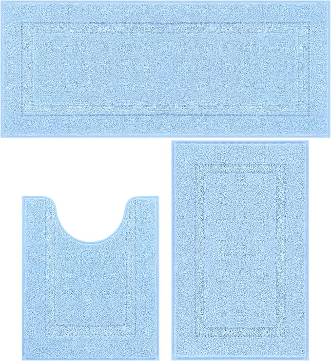 SHACOS Soft Fluffy Bathroom Runner Rugs Set of 3 Bath Mats with U Shape Toilet Rugs Non Slip Washable Bath Rugs Absorbent Bathroom Carpet for Shower Tub, Light Blue