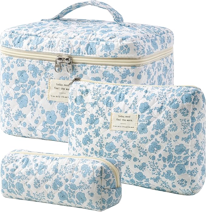 HBselect Quilted Makeup Bag, 3PCS Cotton Large Travel Makeup Bag, Cute Floral Coquette Make up Bag Cosmetic Bag Toiletry Bag for Women Girls