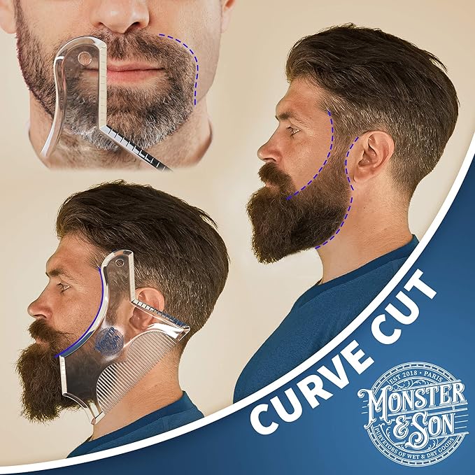 Monster&Son Beard Shaping Tool For Men - Classic Oversized Design (Clear) - Lineup Stencil Shaper for Styling and Shaping - Alignment Guides for Perfect Symmetry