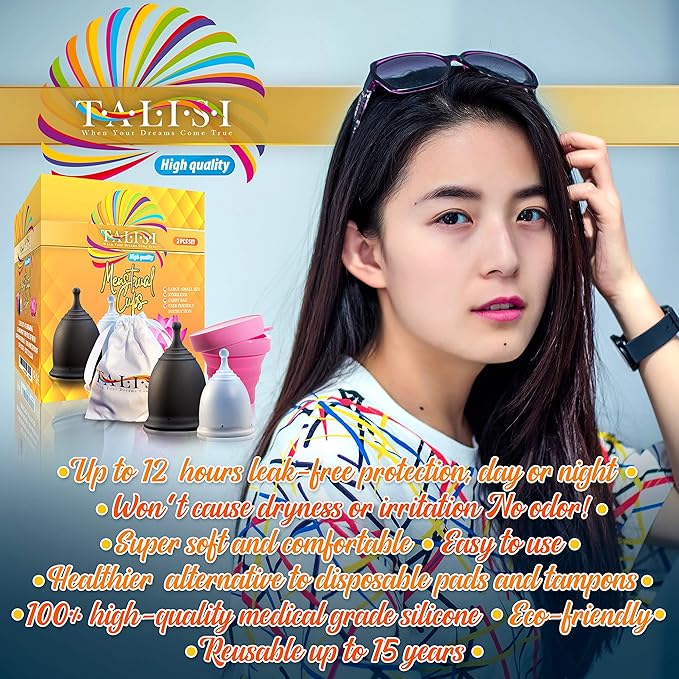 Talisi Menstrual Cups with Foldable Silicone Sterilizer - Soft Reusable Period Starter Kit - Feminine Menstruation Set - Alternative to Tampon Pad Disc - Light & Heavy Flow (Small & Large)