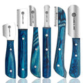 FLAMIA & JABZ FJ Professional Stripping Knife kit (6 pieces set) for Dogs & Pets, Wooden Handle Grip with Stainless Steel Blade (Right handed) (Blue)