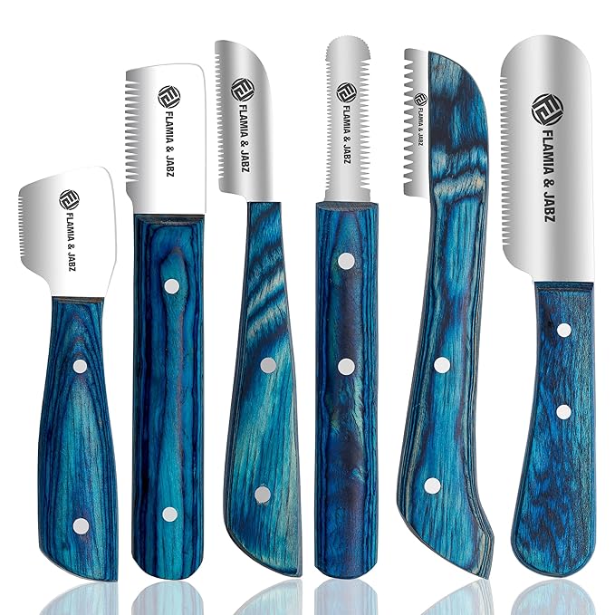 FLAMIA & JABZ FJ Professional Stripping Knife kit (6 pieces set) for Dogs & Pets, Wooden Handle Grip with Stainless Steel Blade (Right handed) (Blue)