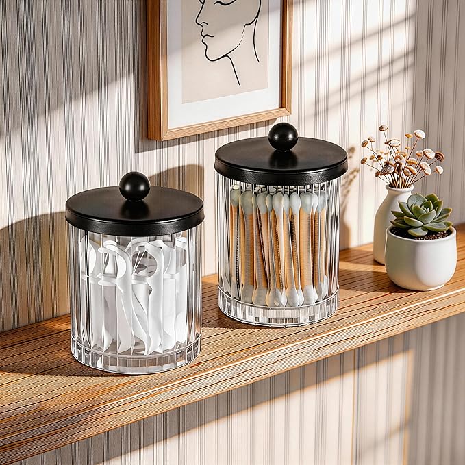 Amolliar Qtip Holder Dispenser for Cotton Swabs, Cotton Balls, Pads, Floss Picks, Clear Glass Canister Apothecary Jar, Bathroom Essential Accessories Decor, Bathroom Storage Organizer (Black, 2 Pack)