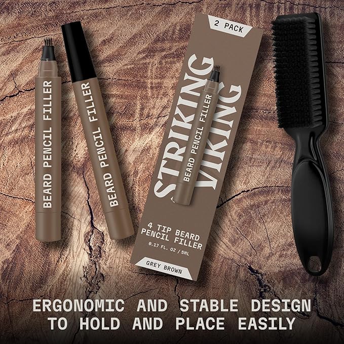 Striking Viking 2 Pack Beard Pencil Filler for Men, Grey Brown (Grey) - Contour, Fill, & Define Your Beard with 3rd Generation Long Lasting Waterproof Beard Pen Kit Including Brush