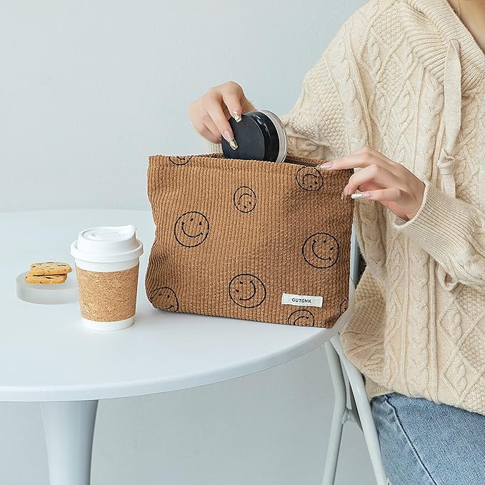 GUTGNK Makeup bag for Women, Corduroy Cosmetic Bag Aesthetic Design Ladies Tote Bag,Cute Smiley Face Makeup Organizer with Zipper - Brown
