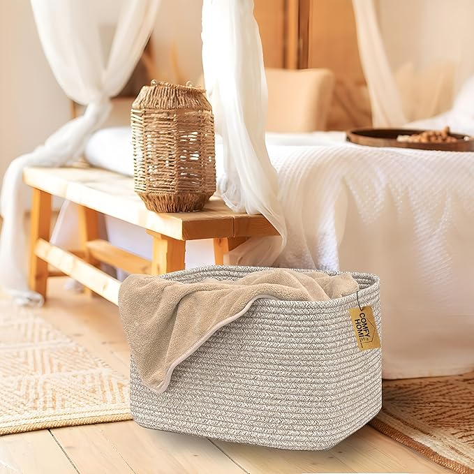 COMFY-HOMI Square Woven Cotton Rope Basket for Organizing, Gift Baskets for Handles, Empty Gift Baskets, Toy Basket for bins|13.5" x 11" x 9.5" home decor for Living Room, Bathroom