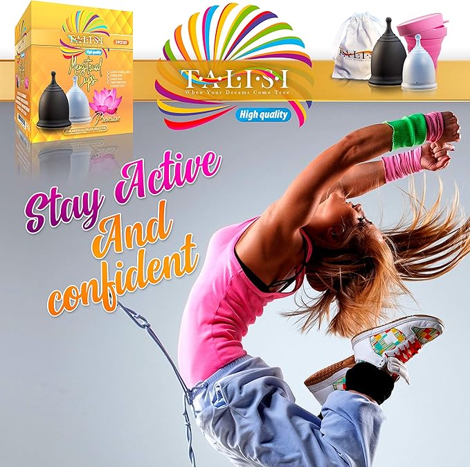 Talisi Menstrual Cups with Foldable Silicone Sterilizer - Soft Reusable Period Starter Kit - Feminine Menstruation Set - Alternative to Tampon Pad Disc - Light & Heavy Flow (Small & Large)
