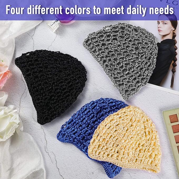 4 Pieces Mesh Crochet Hair Net Rayon Knit Snood Hat Thick Short Women Hairnet Snoods Cover Ornament for Sleeping (Black, Blue, Gray, Khaki)