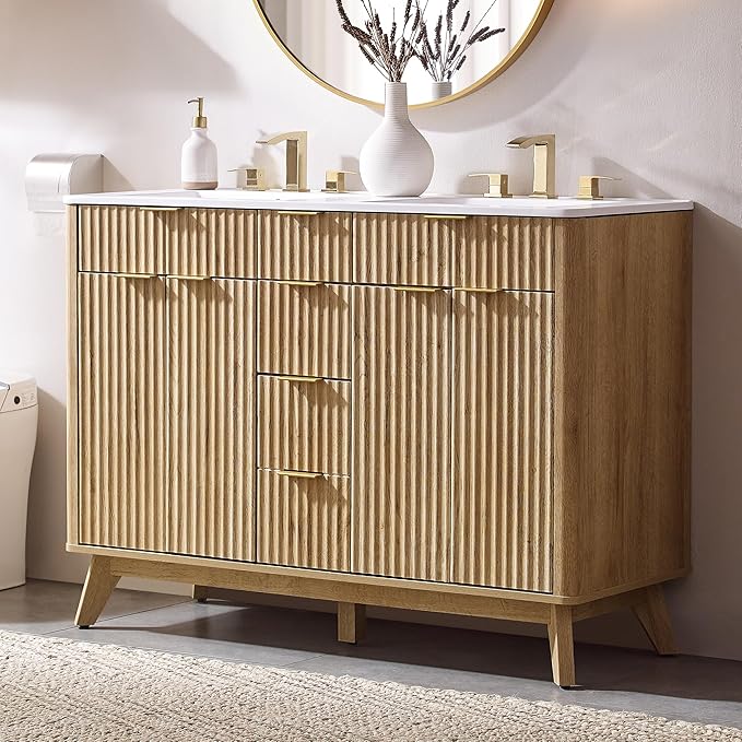 T4TREAM 48" Fluted Bathroom Vanity with Resin Sink Combo，Freestanding Modern Bathroom Storage Vanity Cabinet with Soft Closing Doors & 2 Drawers，Wood Grain Texture，Metal Handle，Natural Oak