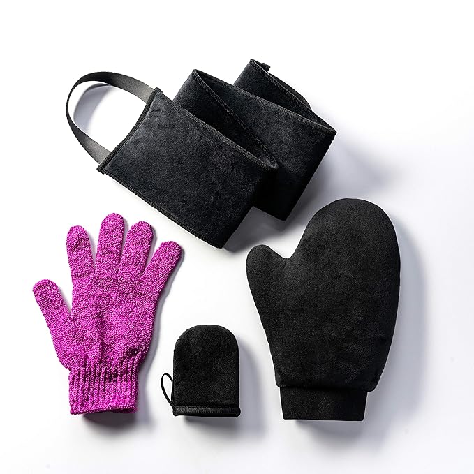Naked Sun Self Tanning Applicator Set with Exfoliating Glove, Tanning Mitt, Face Mitt, & Back Applicator Bundle for Best Fake & Streak Free Sunless Tan to use with Tanning Lotions or Mousse (4 items)