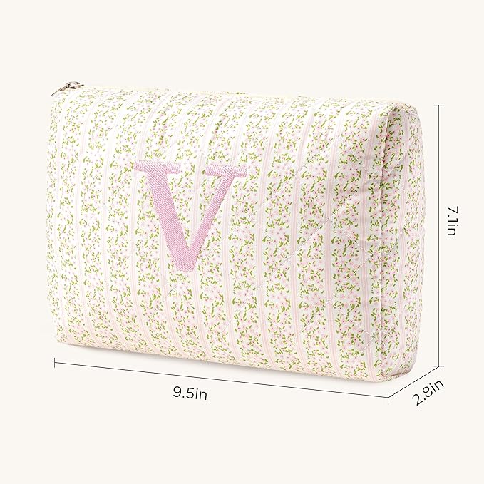 HBselect Initial Quilted Makeup Bag, Pink Cosmetic Travel Toiletry Bag, Flowers Coquette Zipper Make Up Pouch Organizer Teen Girl Gift Trendy Stuff V