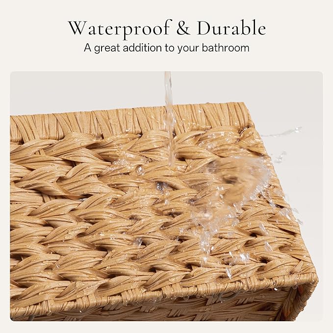 UBBCARE Storage Baskets with Label, Wicker Pantry Baskets for Shelves, Waterproof Woven Basket for Organizing, 2-Pack Plastic Rectangle Organizers with Handles,Natural (13.4L×8.3H×7.1W)