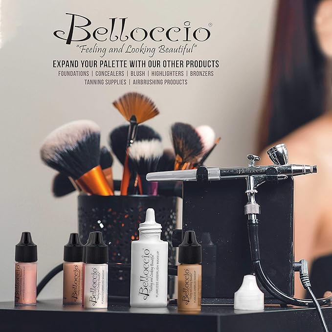 Belloccio Professional Beauty Airbrush Cosmetic Makeup System with 5 Dark Shades of Foundation in 1/4 oz Bottles - Kit includes Blush, Bronzer and Highlighters