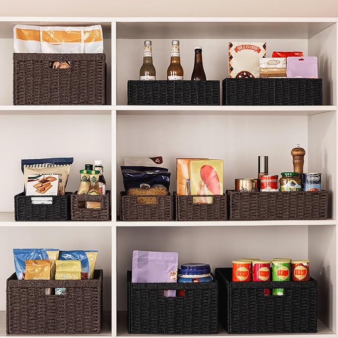 UBBCARE 2 Pack Wicker Basket, 13.4L×8.3H×7.1W inch Woven Paper Rope Storage Baskets for shelves, Foldable Rectangular Storage Baskets with Handle, Storage Basket for Organizing, Dark Brown