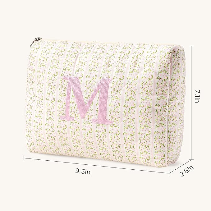 HBselect Initial Quilted Makeup Bag, Pink Cosmetic Travel Toiletry Bag, Flowers Coquette Zipper Make Up Pouch Organizer Teen Girl Gift Trendy Stuff M