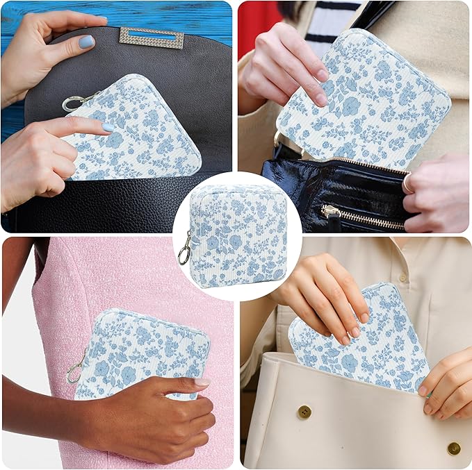 Period Bag for Girls, Corduroy Sanitary Napkin Storage Bag, Period Pouch & Tampon Holder, Feminine Care Organizer（Blue Flower）