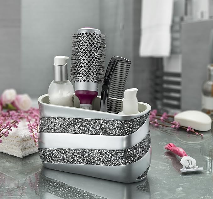 Silver Mosaic Bathroom Counter Vanity Organizer, Countertop Cosmetic Makeup Holder Hair Brush Caddy Hair Accessories Storage, 3-Compartments Decorative Bath Organization (Silver Gray)