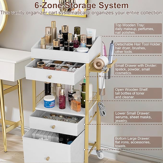 Makeup Organizer Cart with Adjustable Dividers, 3-Drawer Cosmetic Storage Cart with Lockable Wheels & Detachable Hair Tool Holder, Mobile Vanity Organizer for Small Spaces, Gold & White