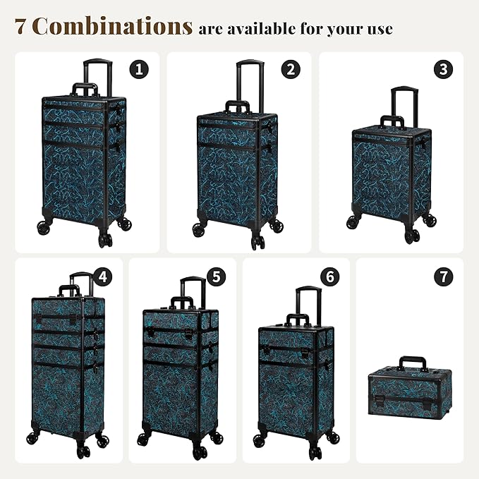 Profesional Rolling Makeup Train Case with Lid, 5 in 1 Cosmetology Case on Wheels, Large Cosmetic Trolley Organizer Travel for Hairstylist Artist Nail Beauty Salon Barber, Blue