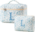 HBselect 2Pcs Initial Quilted Cotton Large Travel Cute Floral Coquette Makeup Cosmetic Toiletry Bag for Women Girls