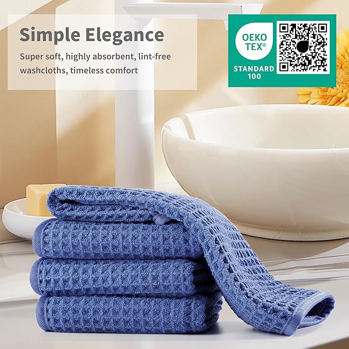 Microfiber Waffle Face Towels, 4 Pieces, Soft, Absorbent, Fast Drying, Lint Free 430 GSM (Dark Blue)