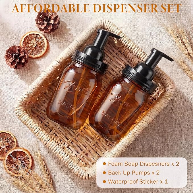 Amolliar Plastic Mason Jar Foaming Soap Dispenser Pump Lid, 16oz Foam Soap Dispenser with Cute Lables - Amber Refillable Hand Soap Dispenser for Bathroom Kitchen Shower (2 Pack, Black)
