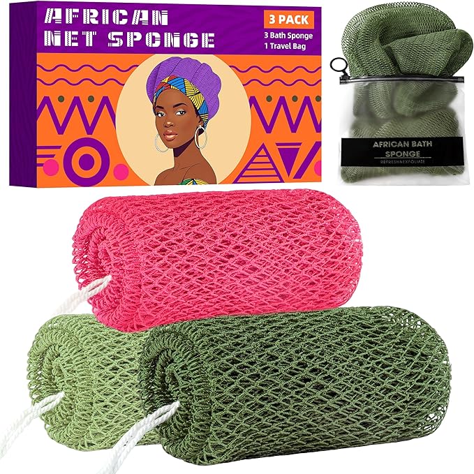 African Net Sponge Authentic, 3 Pieces Exfoliating Scrubber Bath Sponge for All Skin Types, Back Scrubber Loofah Washcloth for Shower, Gentle Exfoliation (Dark Green,Light Green,Pink)