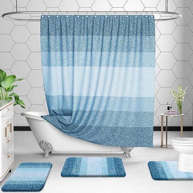 OLANLY Bathroom Rug Set 2 Piece, Soft Absorbent Microfiber Bath Mats and U-Shaped Contour Toilet Rug, Non-Slip, Machine Wash Dry, Plush Shaggy Bath Mats for Bathroom (30"x20"+24"x20", Peacock Blue)