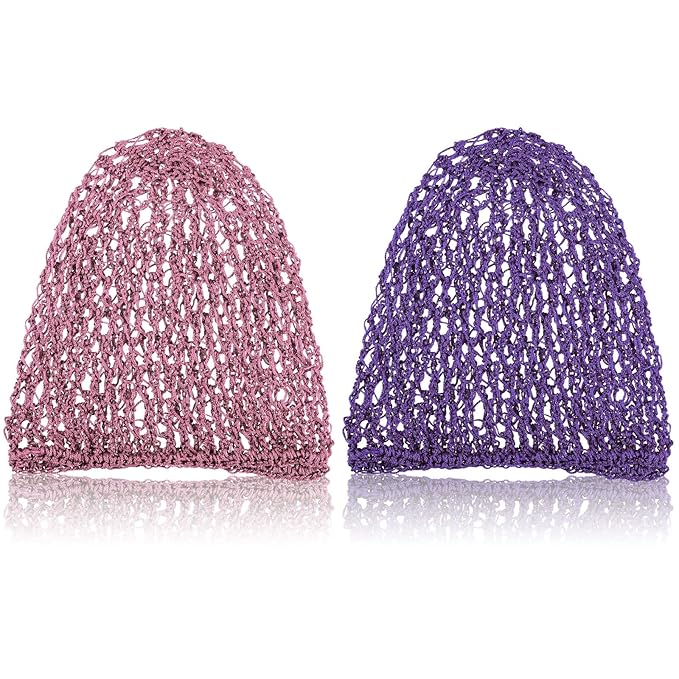 Waydress 2 Pieces Mesh Hair Net Rayon Knit Snood Women Crocheted Sleep Cap (Purple and Pink)
