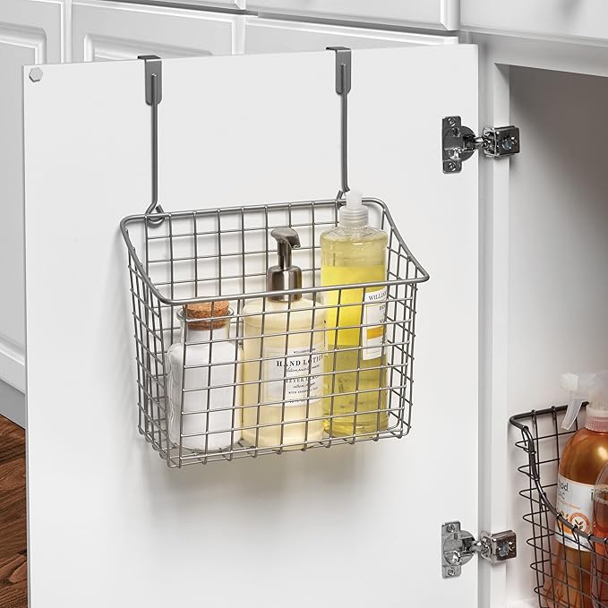 Spectrum Grid Over The Cabinet Wire Storage Basket Large (Satin Nickel Powder Coat) - Organizer for Bathroom, Kitchen, Under Sink, Pantry, Hair Tools, & More (Pack of 2)