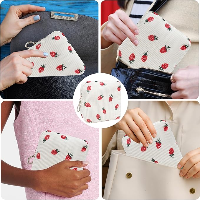 Period Bag for Girls, Corduroy Sanitary Napkin Storage Bag, Period Pouch & Tampon Holder, Feminine Care Organizer（Strawberry）