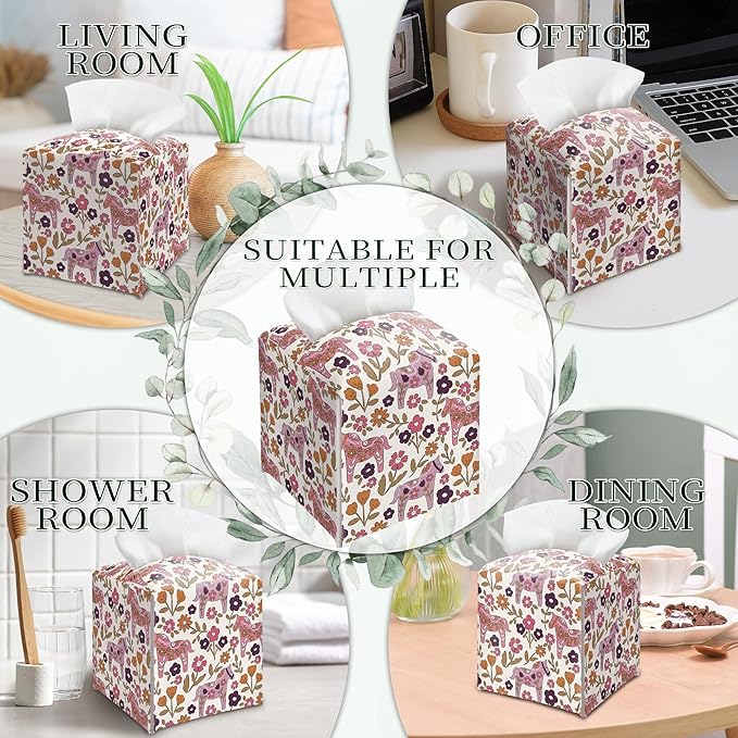 Vintage Floral Horse Tissue Box Cover, Square PU Leather Tissue Holder, Rustic Boho Religious Decor for Bedroom, Bathroom & Living Room, Unique Farmhouse Tissue Box Cover for Home Decor