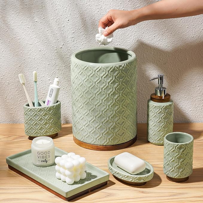 Elegant Bathroom Accessories Set 6 PCS Ceramic and Wood Bathroom Accessory Set Soap Dispenser Toothbrush Holder Tumbler Soap Dish Tray Trash Can Easy to Clean Quatrefoil Pattern Green
