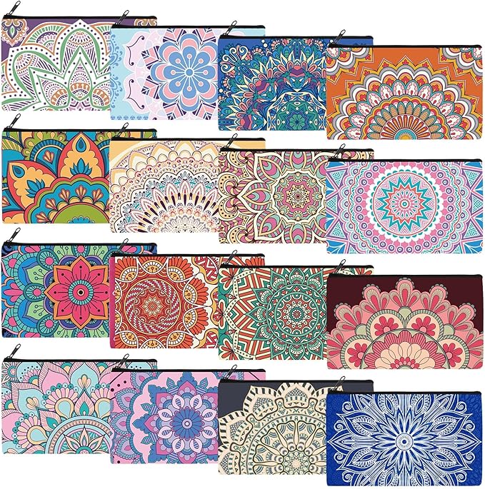 Yahenda 16 Pcs Canvas Makeup Bags Bulk for Women Inspirational Cosmetic Zipper Pencil Pouch Travel Toiletry Bag for Birthday Mother's Day Nurse Gifts(Mandala)