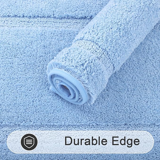 SHACOS Soft Fluffy Bathroom Runner Rugs Set of 3 Bath Mats with U Shape Toilet Rugs Non Slip Washable Bath Rugs Absorbent Bathroom Carpet for Shower Tub, Light Blue