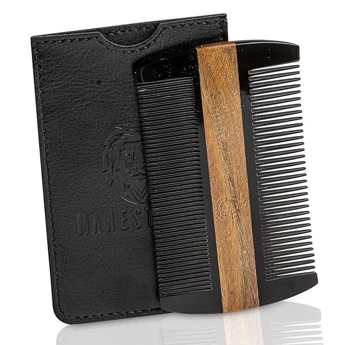 Premium Natural Ox horn and Sandalwood Beard Comb Dual-Action | Double Sided Beard & Mustache Comb with Black Protective Case | Perfect Grooming Companion & Gift for Men – by Man & Mane