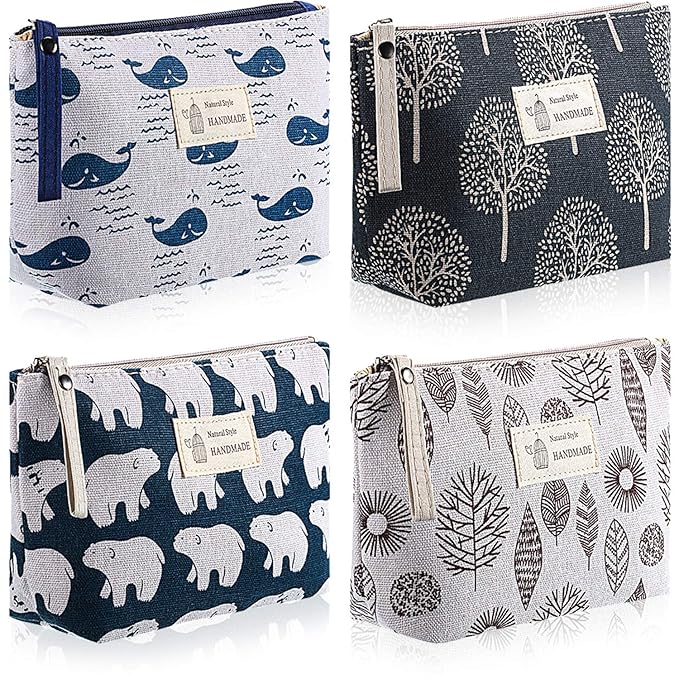 Boao 4 Pieces Canvas Makeup Bags Set Small Cosmetic Pouches for Purse with Zipper Multi Functional Toiletry Travel Case Organizer for Women Gift, 4 Styles(Small,Whale, Bear, Tree, Leave)