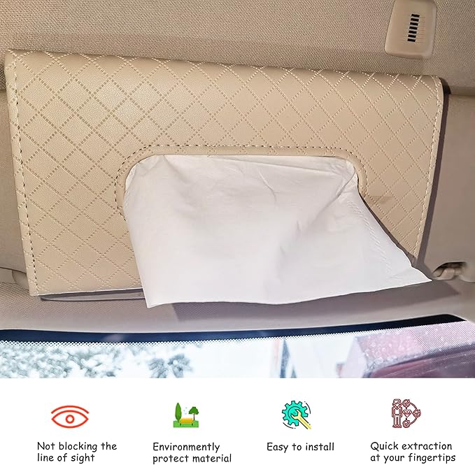 Car Sun Visor Tissue Holder, Car Napkin Holder, Premium PU Leather, Mask Holder for Sun Visor Vehicle, with Tissue Refill, Beige