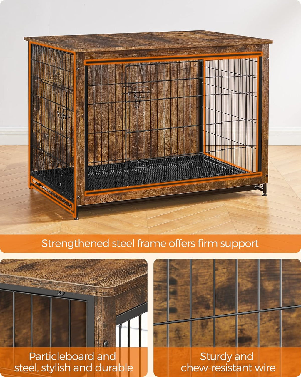 Feandrea Dog Crate Furniture, 44.1" Side End Table, Modern Kennel for Dogs Indoor up to 80 lb, Heavy-Duty Dog Cage with Multi-Purpose Removable Tray, Double-Door Dog House, Rustic Brown UPFC004X01