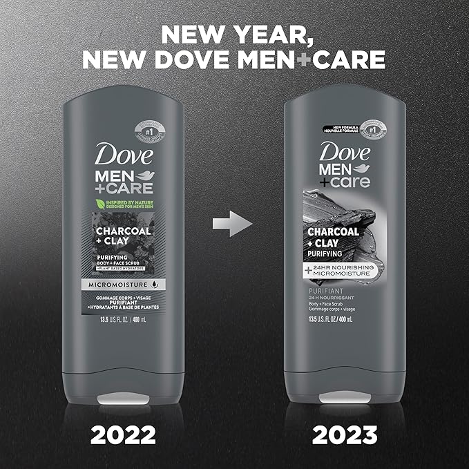 DOVE MEN + CARE Purifying Charcoal + Clay Body and Face Wash with 24-Hour Nourishing Micromoisture Technology Body Wash for Men, 13.5 oz (Pack of 6)