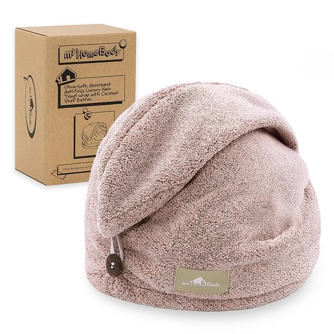 myHomeBody Hair Towel Wrap, Luxury Quick Drying Turban, Ultra Soft Absorbent Charcoal Fiber Cap, with Coconut Shell Button - Pink
