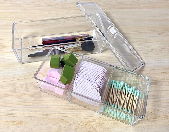 Square Acrylic Cotton Ball Pads Gauze Swab Holder Organizer Q-tip Dispenser Storage Canister Bathroom Container Flossers Box Case (9.3x3.7x5.1 in, 2 Tiers, 4 Partitions, Transparent)