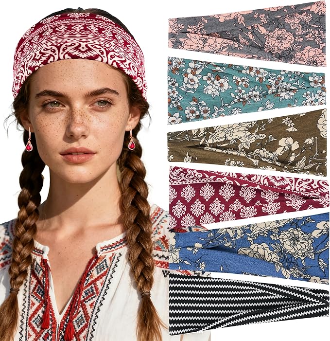 Headbands for Women Non-Slip Workout Hair Bands, 6 Pack Stretchy Athletic Soft Sweatbands, Elastic Cloth Fabric Headband, Fashion Head Bands for Yoga Running Sports Gym Sports Exercise
