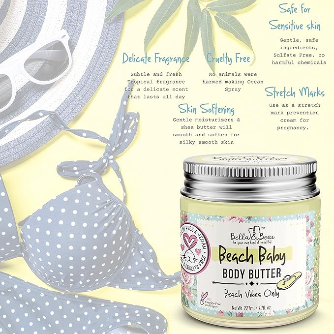 Bella and Bear Beach Baby Body Butter - Moisturizing Shea Cream for Women - Vegan, Cruelty& Oil-Free - Helps Prevents Pregnancy Stretch Marks 6.76-oz