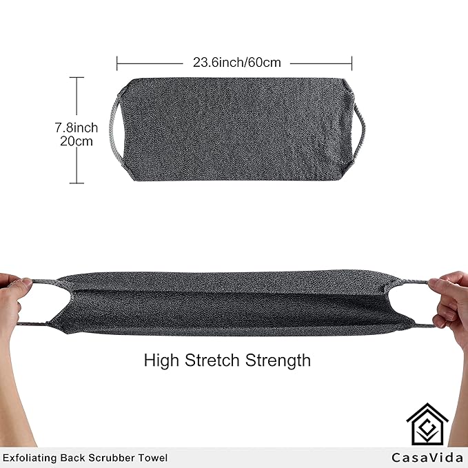 CASAVIDA Back Scrubber for Shower Nylon Bath Towel Washer Exfoliating Washcloth Rear Japanese Stretchable Pull Strap Wash Cloth Exfoliation 2 Pack (Pink + Jean Blue)